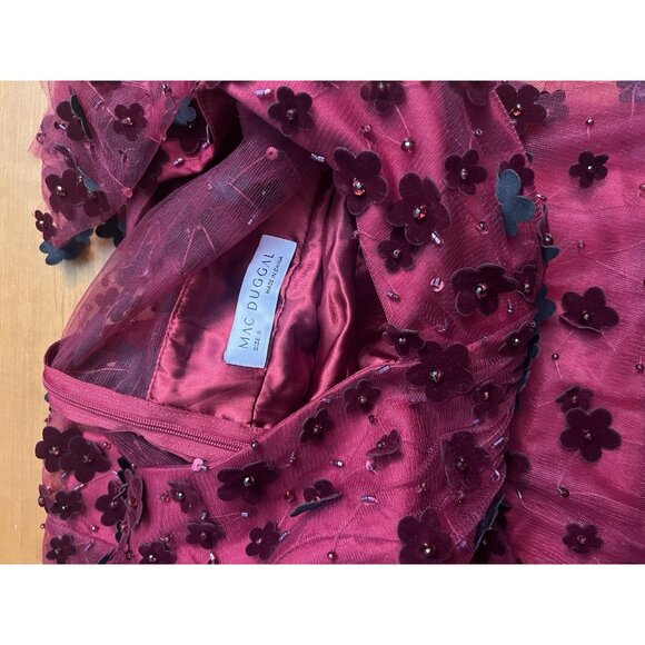 Mac Duggal, Floral Applique Cocktail Midi Dress in Burgundy Size 8 Prom Formal - Picture 10 of 12
